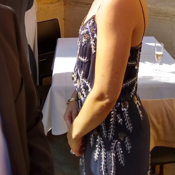 ADRIANNA PAPELL ART DECO BEADED BLOUSON GOWN GREY - Picture 4 of 5